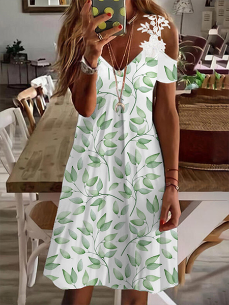 

Leaves V neck Casual Short Sleeve Knit Dress, White, Mini Dresses