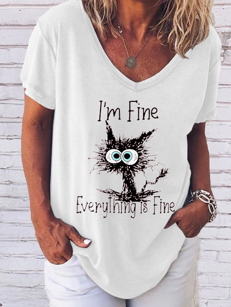 

Am Fine Everything Is Fine Cat Print Shirts&Tops, White, T-shirts