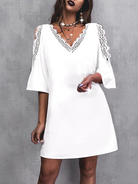 

Simple Loosen Plain Short Sleeve Woven Mini Dress, White, Mini Dresses