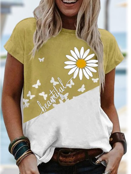 

Casual Color Block Floral Butterfly Letter Printed Loosen Crew Neck Short Sleeve T-Shirt, Yellow, T-Shirts