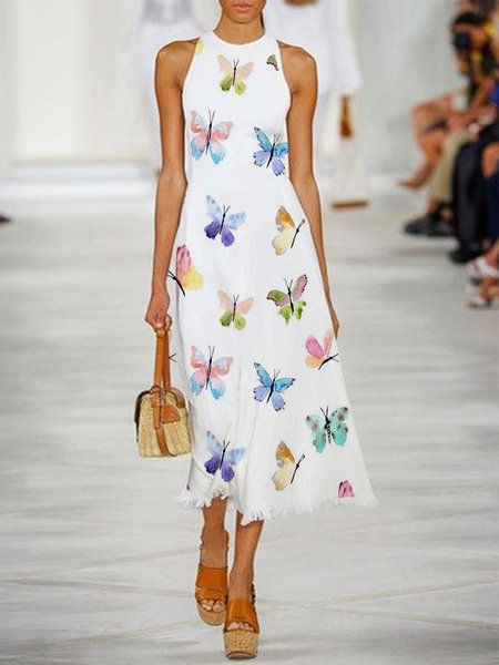 

Butterfly Casual Round Neck Sleeveless A-line Dresses, White, Midi Dresses