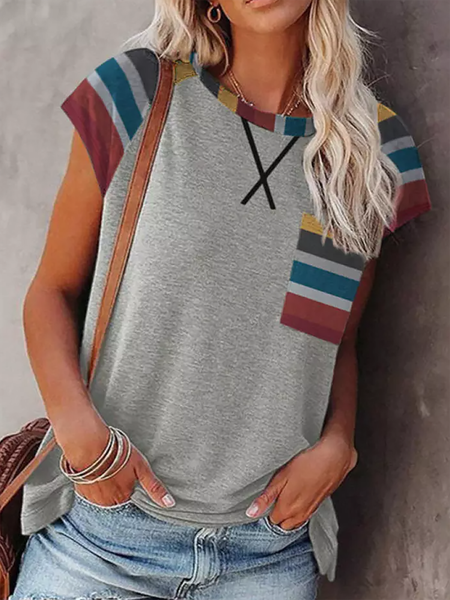 

Striped Round Neck Raglan Sleeve Vacation Short Sleeve T-Shirt, Gray, T-Shirts