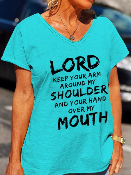 

Lord Keep Your Arm Around My Shoulder V Neck Short Sleeve T-Shirt, Cyan, T-shirts