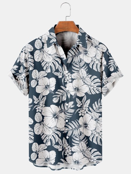 

Men's Hibiscus Print Casual Breathable Hawaiian Short Sleeve Shirt, Blue, Men's Floral shirt