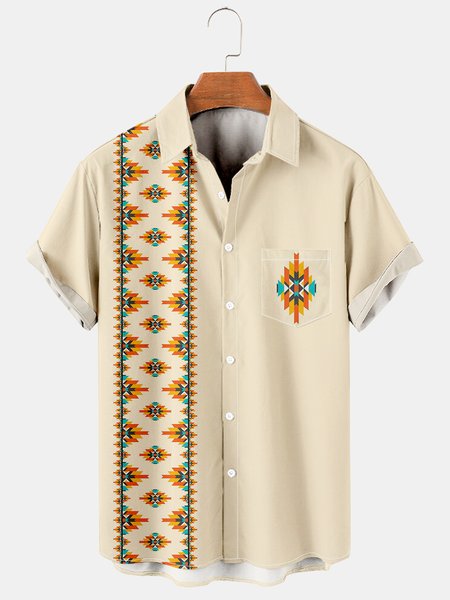 

Aztec Graphic Men's Casual Short Sleeve Shirt, Beige, Men's Floral shirt