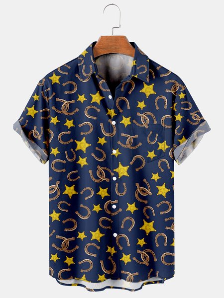

Western Graphic Men's Casual Short Sleeve Shirt, Purplish blue, Men's Floral shirt