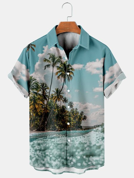 

Mens Coconut Print Lapel Loose Short Sleeve Trendy Hawaiian Shirt, Cyan, Men's Floral shirt