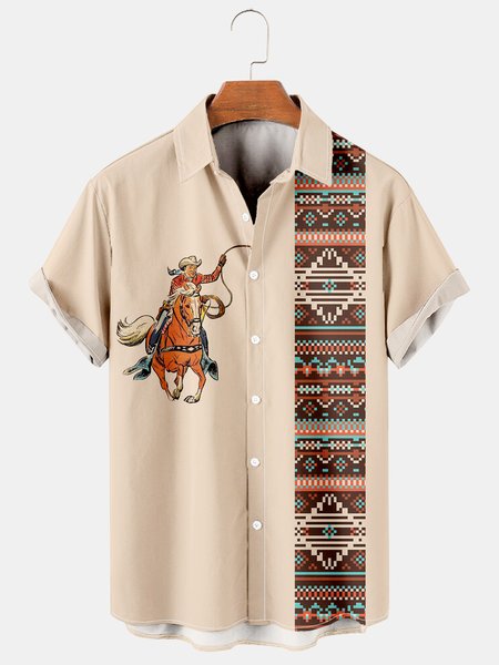

Mens Western Denim Print Short Sleeve Shirt Casual Vintage Top, Apricot, Short Sleeve Shirts