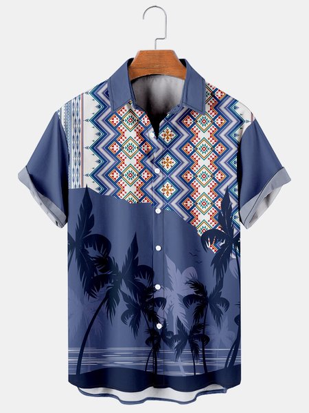 

Mens Coconut Print Lapel Loose Short Sleeve Trendy Hawaiian Shirt, Blue, Men's Floral shirt