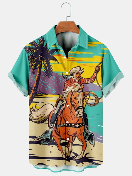 

Mens Western Denim Print Casual Vintage Short Sleeve Shirt, Green, Men's Floral shirt
