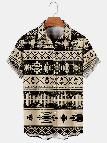 

Aztec Graphic Men's Casual Short Sleeve Shirt, Beige, Men's Floral shirt