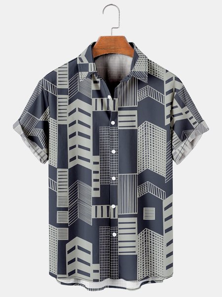 

Men's Geometric Abstract Print Casual Breathable Short Sleeve Shirt, Purplish blue, Men's Floral shirt