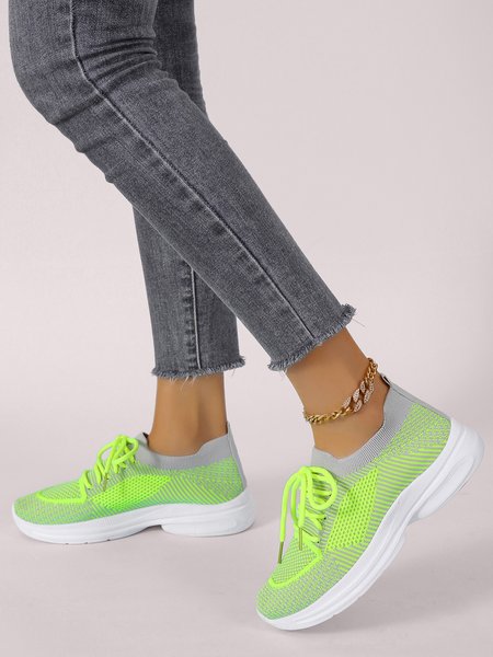 

Neon Green Lace-Up Flyknit Sneakers, As picture, Sneakers