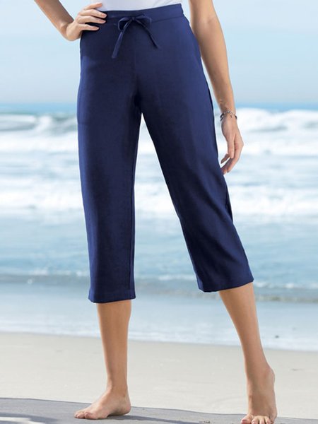 

Cotton Pocket Elastic Waist Loosen Cropped Pants, Deep blue, Pants