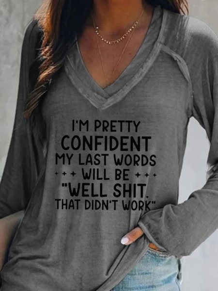 

Long Sleeve V Neck Plus Size Printed Tops T-Shirts, Gray, T-Shirts
