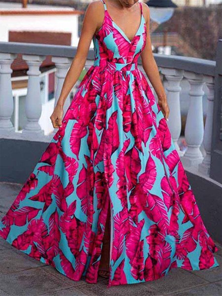 

Vacation Floral Sleeveless Maxi Dress, Rose red, Maxi Dresses