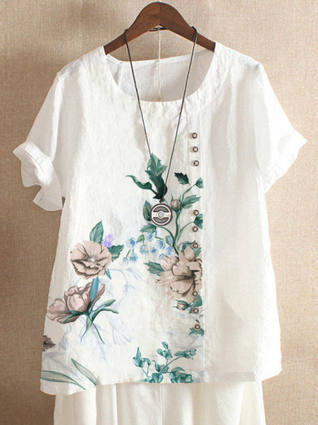 

Floral Casual Scoop Neckline Short Sleeve Tops, White, Blouses & Shirts