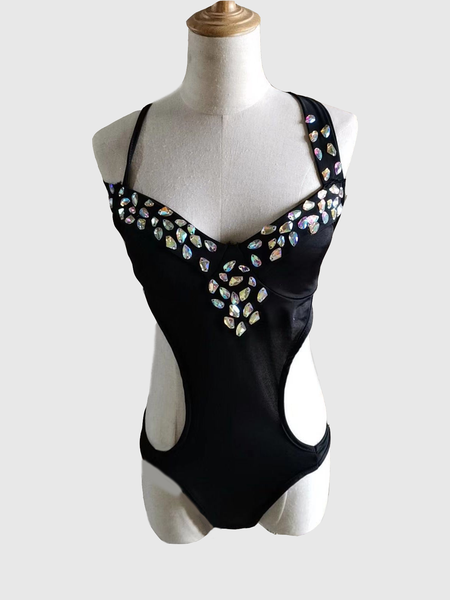 

Ladies Sexy Deep V Diamond Black One Piece Swimsuit Plus Size, Swimwear