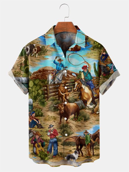 

Vintage Denim Graphic Men's Casual Short Sleeve Shirt, Blue, Men's Floral shirt