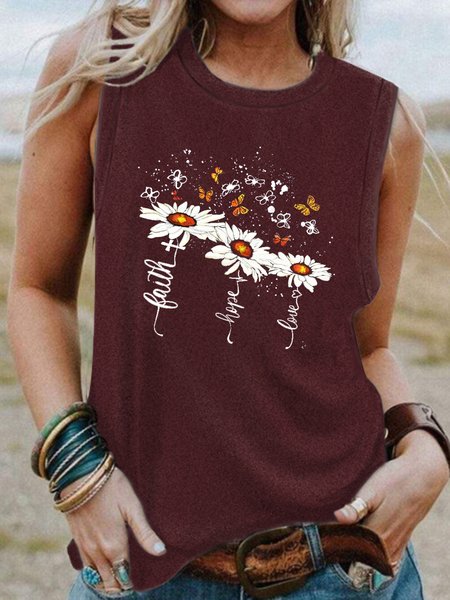 

Faith, Hope, Love Daisies Butterflies Casual Knit Tank, Wine red, Tank Tops