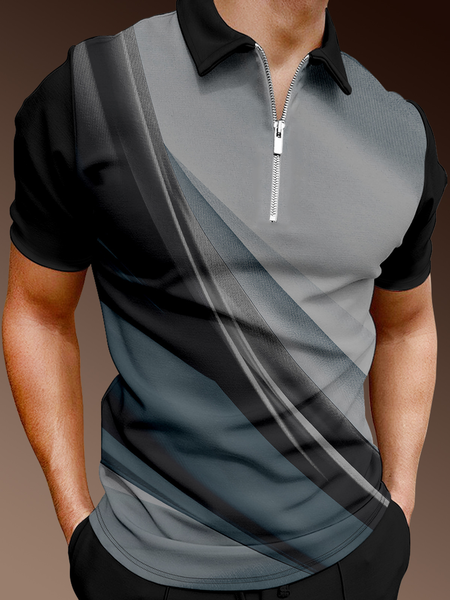 

Casual Art Series Gradient 3D Stripes Geometric Lapel Short Sleeve Polo Print Top, Black, Men's t-shirts