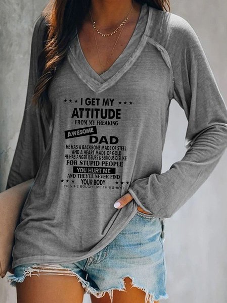 

I Get A Awesome Dad Print Tops, Gray, Long sleeves