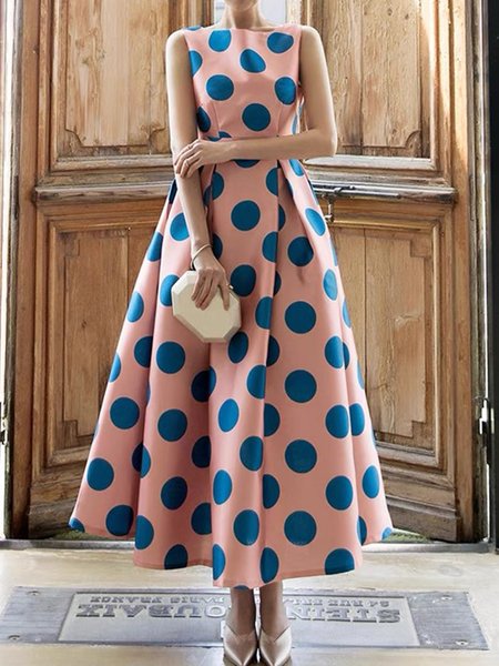 

Crew Neck Elegant Regular Fit Short Sleeve Woven Dress, Pink, Maxi Dresses