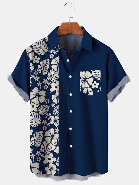 

Mens Floral Print Hydrocool Fabric Quick Dry Casual Breathable Chest Pocket Short Sleeve Bowling Shirt, Blue, Men's Floral shirt