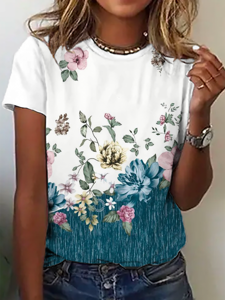 

Plus size Floral Printed Casual Short Sleeve T-Shirt, Blue, T-Shirts