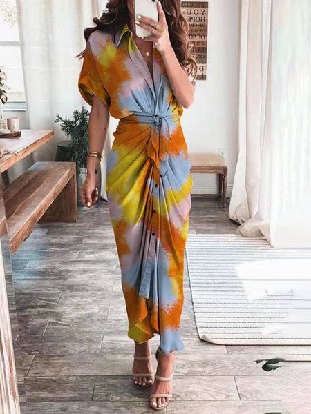 

Daily Abstract Shirt Collar Short Sleeve Woven Dress, Orange, Maxi Dresses