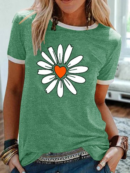 

Women's Summer Fashion flower Heart Print Casual Short Sleeve T-Shirt, Green, T-shirts