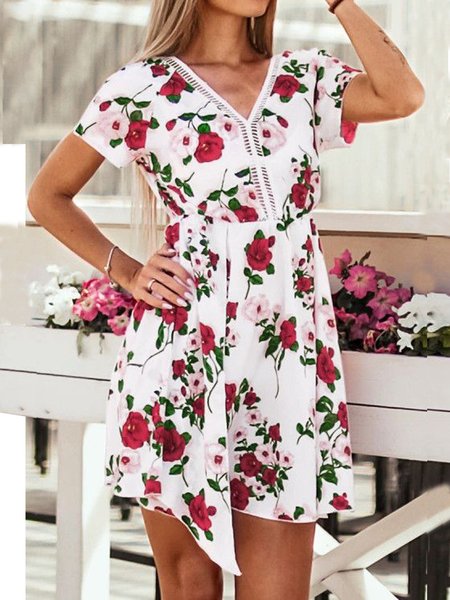 

Romantic Floral Casual Loosen V Neck Midi Short Sleeve Knit Dress, Flower, Mini Dresses