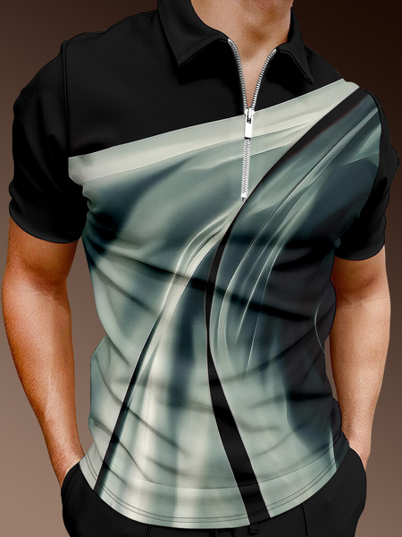 

Casual Art Series Gradient 3D Stripes Geometric Lapel Short Sleeve Polo Print Top, Black, Men's t-shirts