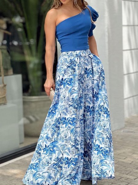 

Regular Fit One Shoulder Vacation Two Piece Set, Blue, Pants Set