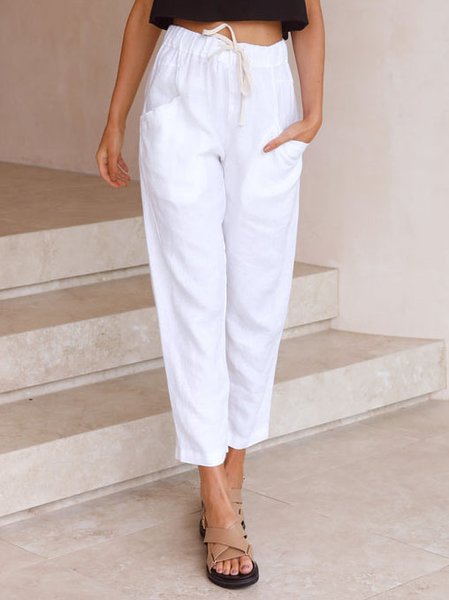 

Cotton Blends Casual Plain Pants, White, Pants