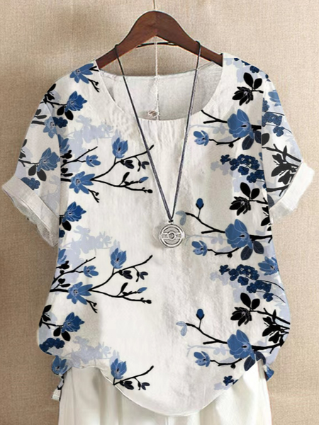 

Casual V Neck Floral Short Sleeve Tops, White, Tees & T-shirts