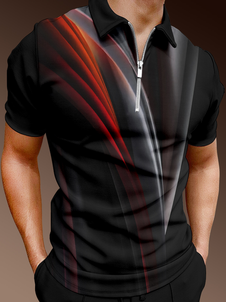 

Casual Art Series Gradient 3D Stripes Geometric Lapel Short Sleeve Polo Print Top, Black, Men's t-shirts