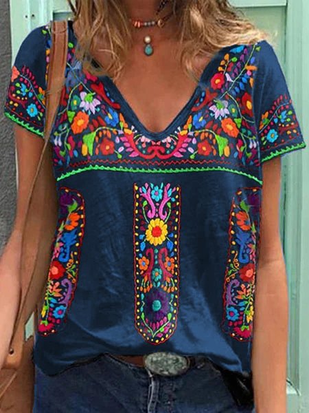 

Tribal V Neck Cotton Blends Vintage Short Sleeve Tops, Blue, T-Shirts