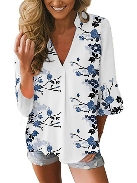 

Plus size V Neck Floral Casual Tops, White, Tops