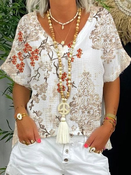 

Loosen V neck Floral Tribal Casual Short Sleeve Tops, Multicolor, Tunics