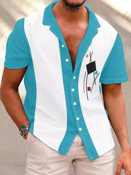 

Men’s Vintage Casual Short Sleeve Bowling Shirt, Cyan, Short Sleeves Shirts