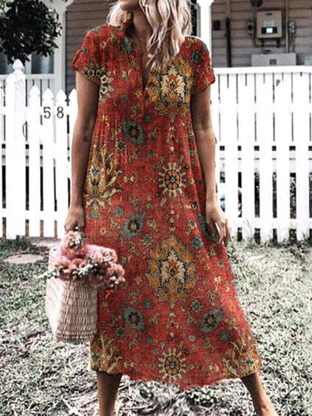 

V Neck Vacation Tribal Short Sleeve Woven Dress, Multicolor, Dresses