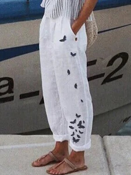

Butterfly Loosen Casual Pants, White, Pants