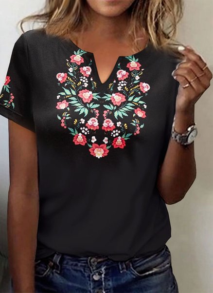 

Boho Tribal Floral Casual Loosen V Neck Short Sleeve T-Shirt, Black, T-Shirts