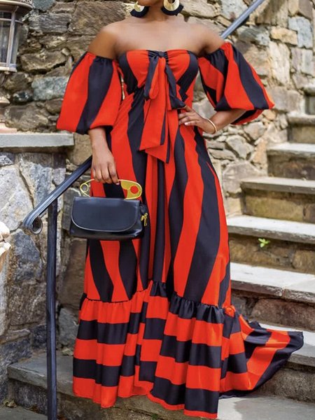 

Vacation Strapless Striped Short Sleeve Woven Dress, Orange red, Maxi Dresses