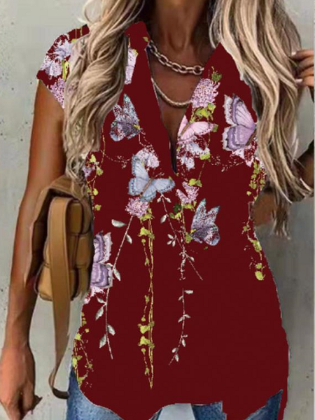 

Women's Casual Floral Printed Vacation Short Sleeve Blouse, Wine red, Shirts & Blouses