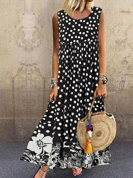

Polka Dots Casual Sleeveless Woven Dresses, Black, Maxi Dresses
