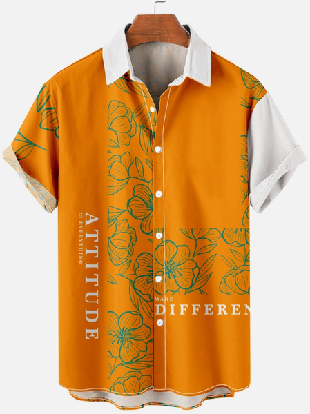 Attitude Make Difference Floral Vacation Shirt Collar Short Sleeve Shirt, Orange, Short Sleeves Shirts