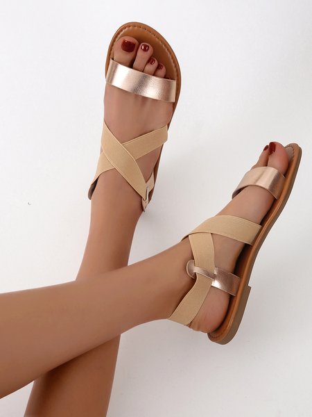 

Elastic Strap Resort Roman Sandals, Golden, Sandals