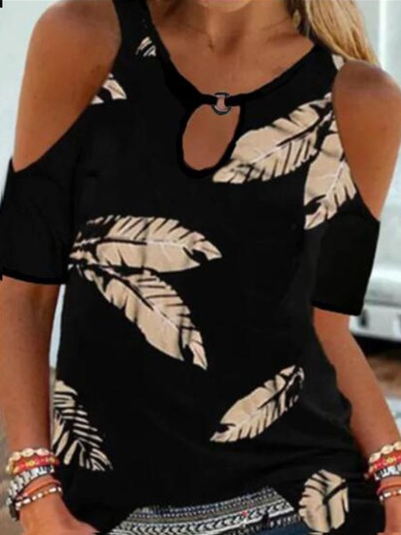Leaves Keyhole Short Sleeve T-Shirt, Black, T-Shirts
